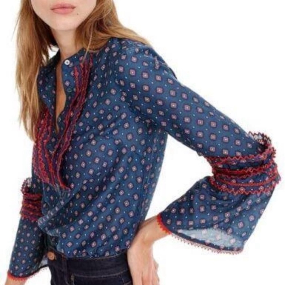 J. Crew Ruffle Trim Silk Blend Blouse Boho Peasant Blue Red Bell Sleeve Size 16
